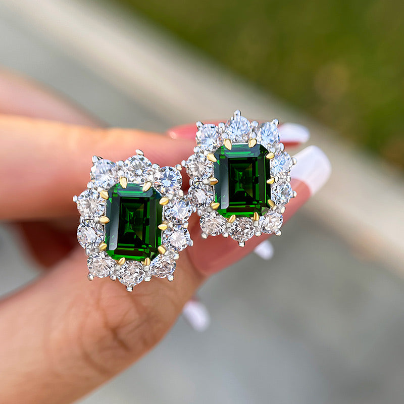 4.5Ct Vintage Flower Design Emerald Cut Emerald Green Earrings In Sterling Silver
