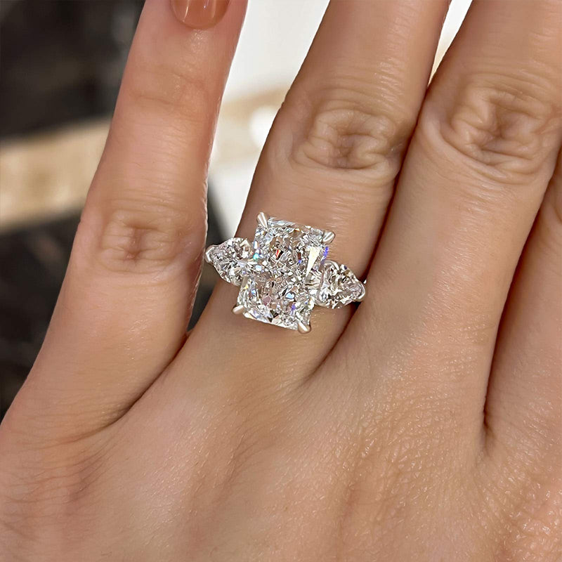 Luxurious Radiant Cut & Heart Cut Three Stone Engagement Ring In Sterling Silver