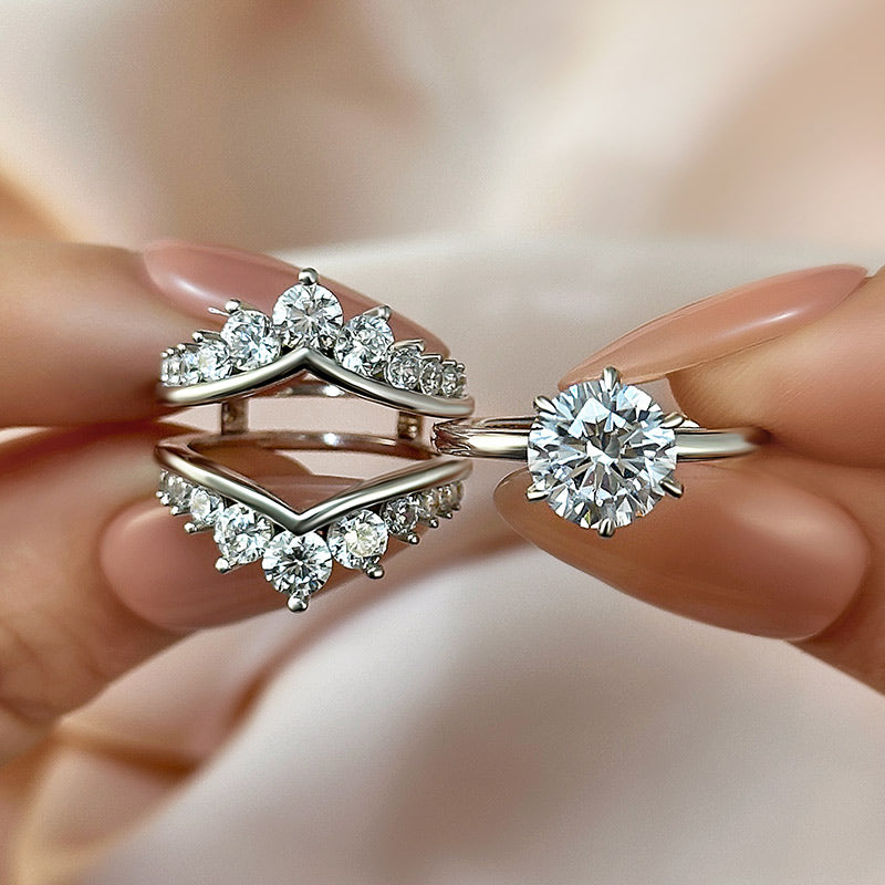 Maxine Unique Crown Design Round Cut Insert Wedding Ring Set