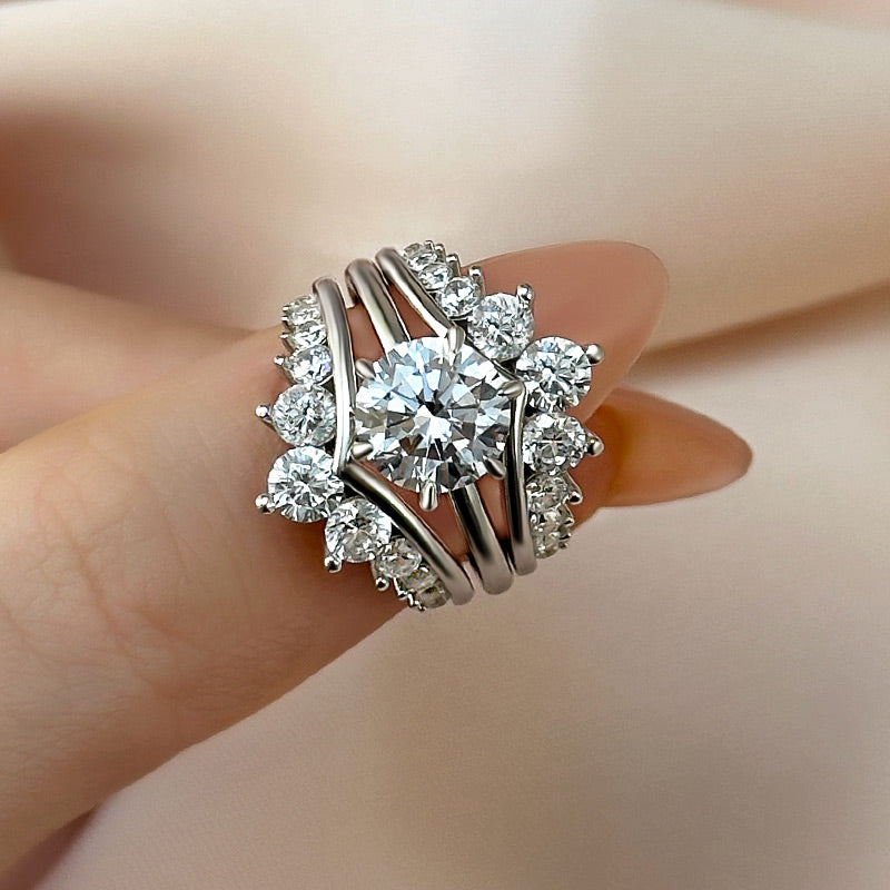 Maxine Unique Crown Design Round Cut Insert Wedding Ring Set