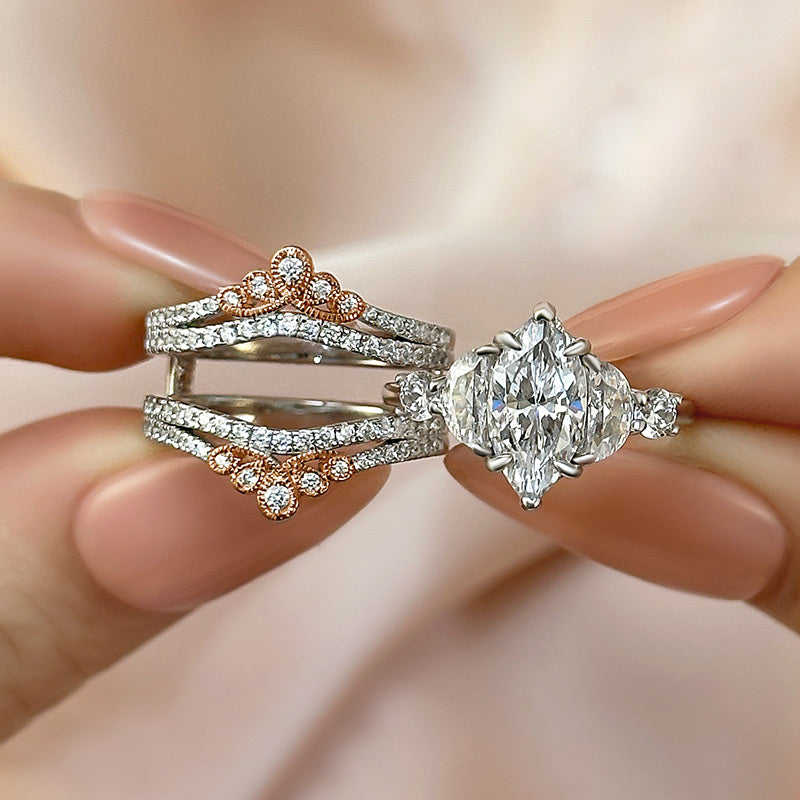 Maxine Vintage Marquise Cut Wedding Ring Set With Insert Wedding Band
