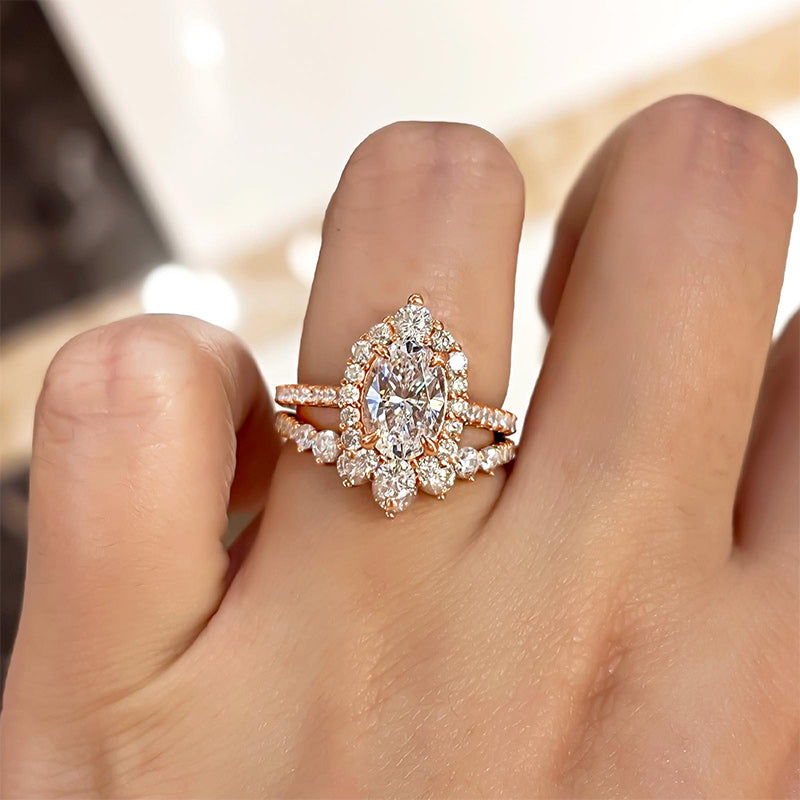 Rose Gold Unique Design Halo Oval Cut Wedding Set In Sterling Silver