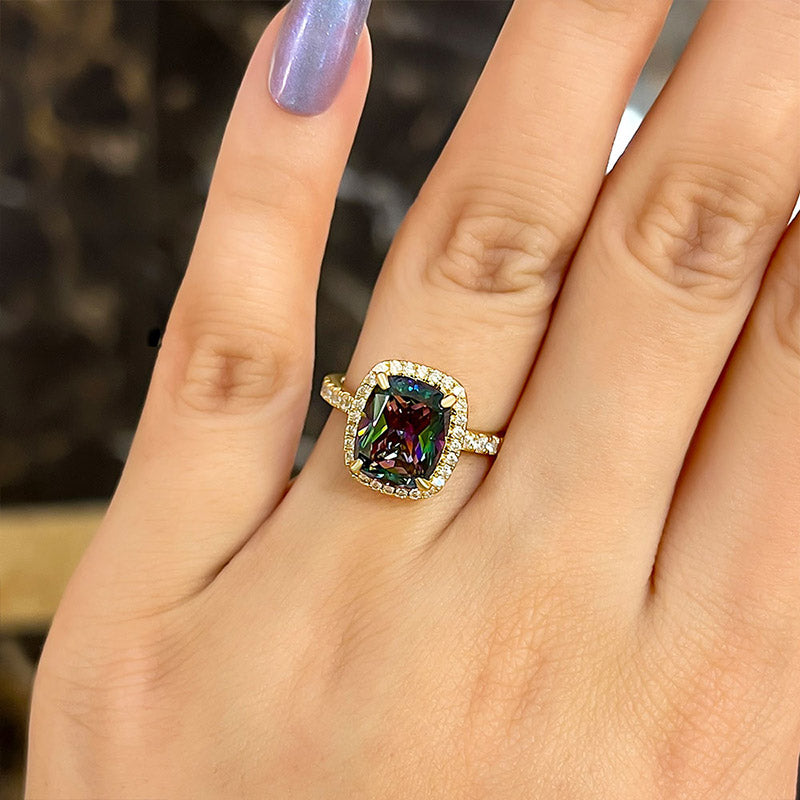 Unique Alexandrite Yellow Gold Halo Cushion Cut Engagement Ring
