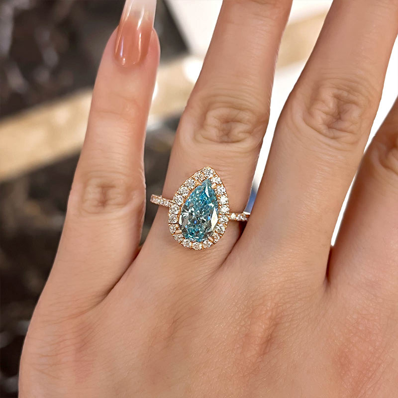 Exquisite Rose Gold Halo Pear Cut Cyan Blue Engagement Ring