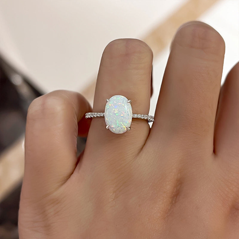 Elegant Oval Cut Opal Stone Engagement Ring In Sterling Silver