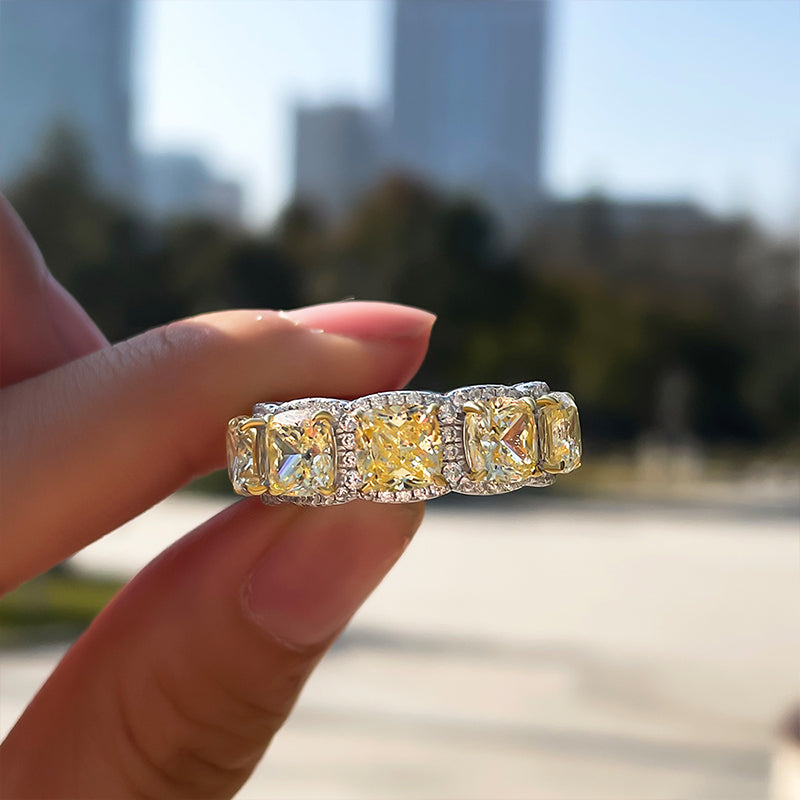 Luxurious Halo Cushion Cut Yellow Sapphire Wide Wedding Band for Her In Sterling Silver