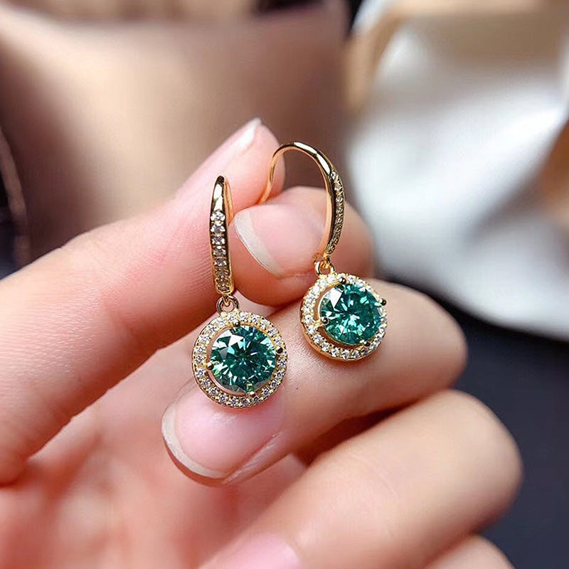 1.0Ct Stunning Yellow Gold Halo Round Cut Paraiba Tourmaline Drop Earrings In Sterling Silver