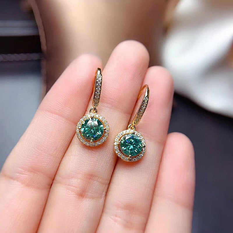 1.0Ct Stunning Yellow Gold Halo Round Cut Paraiba Tourmaline Drop Earrings In Sterling Silver