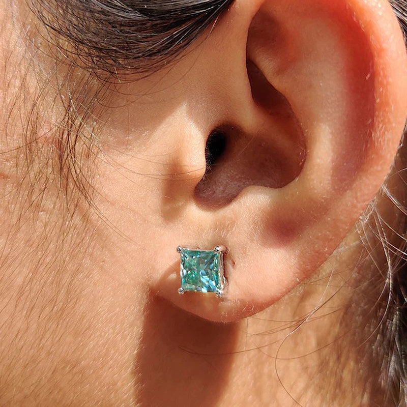 2.0Ct Stunning Square Princess Cut Paraiba Tourmaline Stud Earrings In Sterling Silver