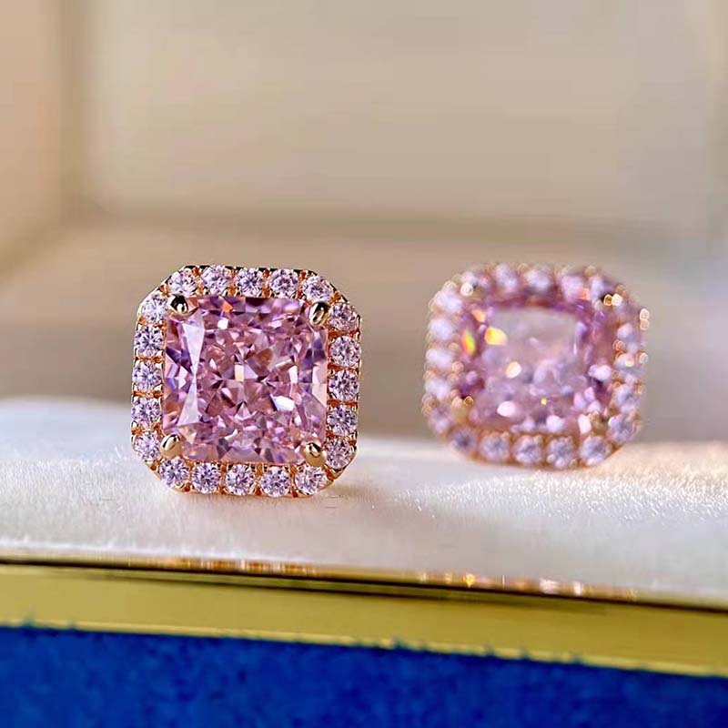 3.0Ct Elegant Rose Gold Halo Radiant Cut Pink Sapphire Stud Earrings In Sterling Silver