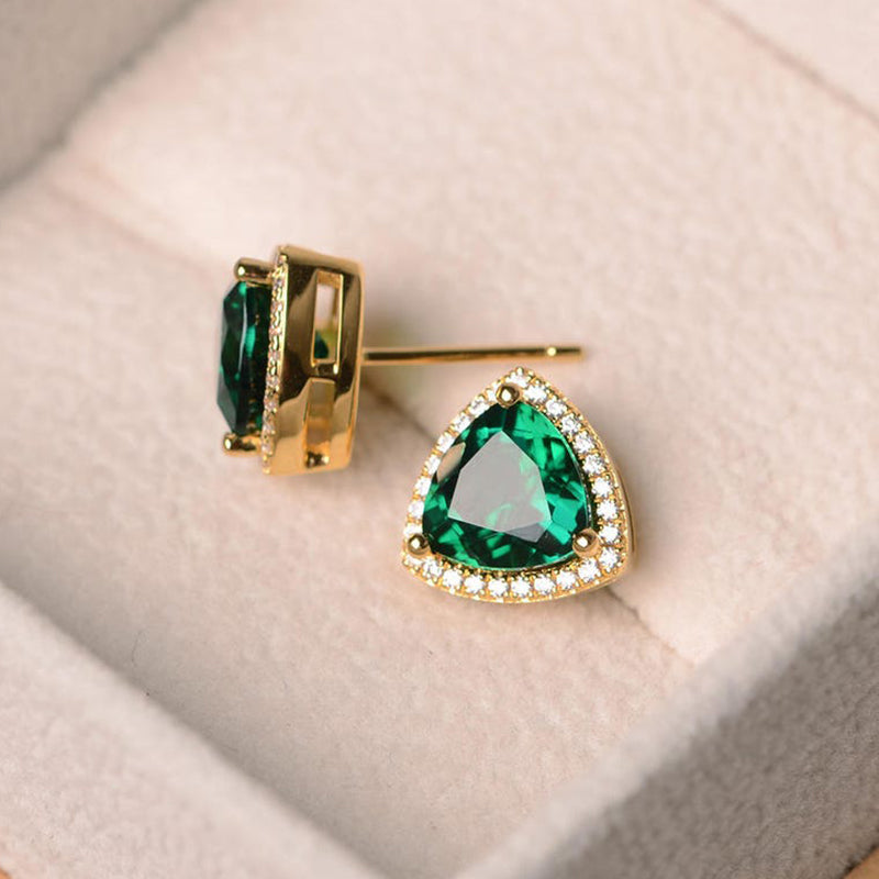 2.0Ct Elegant Yellow Gold Trillion Cut Emerald Green Earrings In Sterling Silver