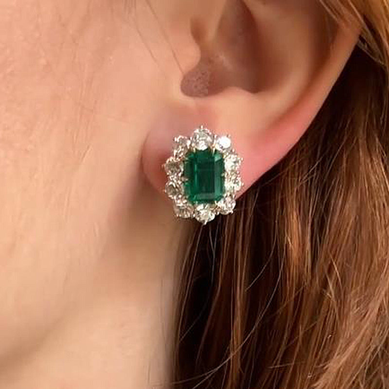 4.5Ct Vintage Flower Design Emerald Cut Emerald Green Earrings In Sterling Silver