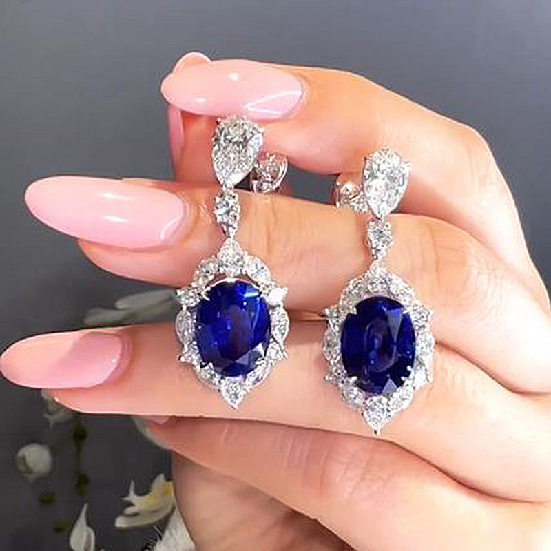 3.0Ct Luxurious Halo Oval Cut Blue Sapphire Women's Earrings In Sterling Silver