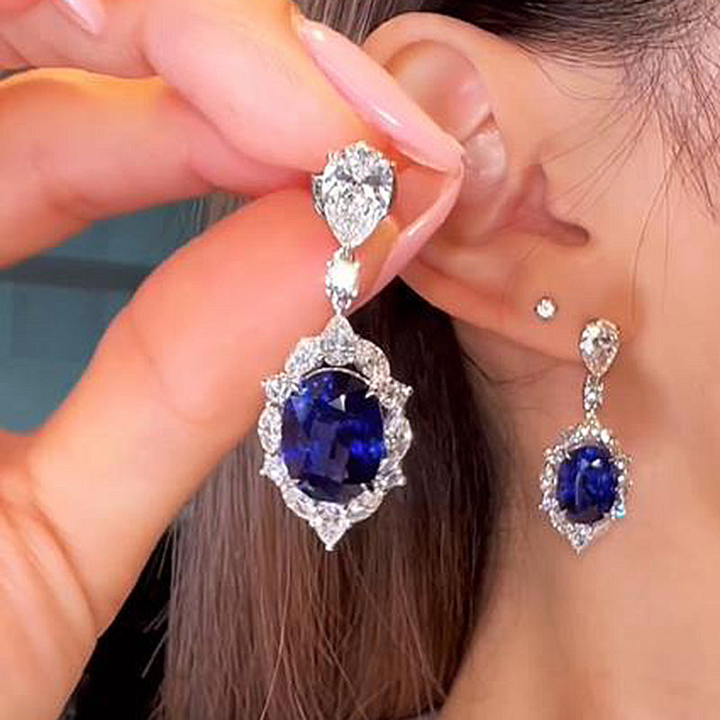 3.0Ct Luxurious Halo Oval Cut Blue Sapphire Women's Earrings In Sterling Silver