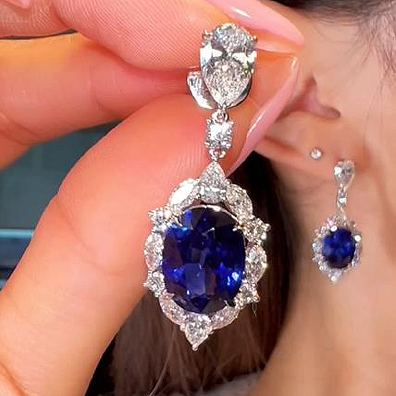 3.0Ct Luxurious Halo Oval Cut Blue Sapphire Women's Earrings In Sterling Silver