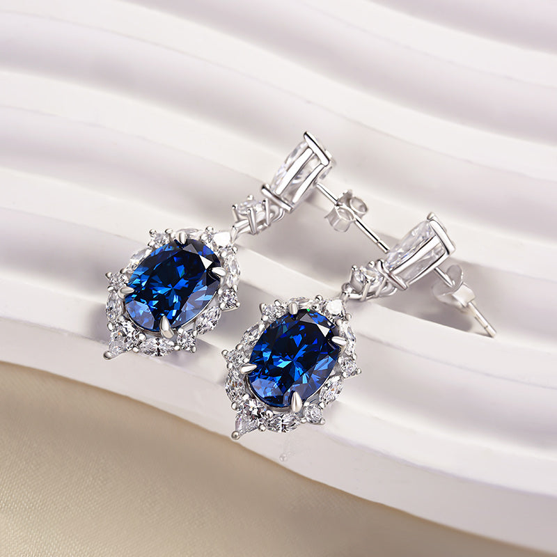 3.0Ct Luxurious Halo Oval Cut Blue Sapphire Women's Earrings In Sterling Silver