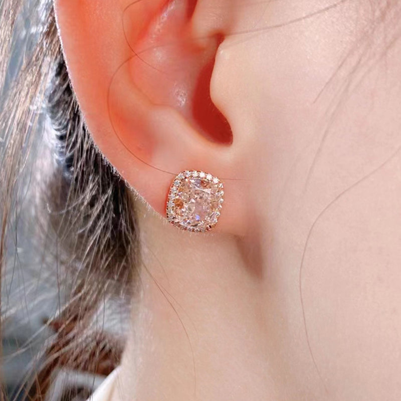 2.0Ct Elegant Rose Gold Halo Cushion Cut Pink Stone Stud Earrings