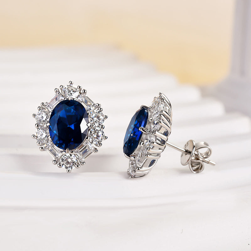 1.8Ct Blue Stone Halo Oval Cut Women's Earrings