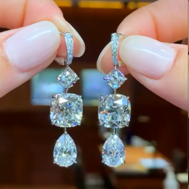 Ahabobo Luxurious Pear Cut & Cushion Cut White Stone Drop Earrings