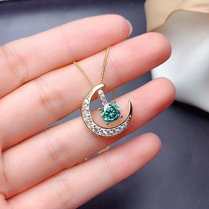 1.0Ct Yellow Gold Moon Design Round Cut Paraiba Tourmaline Pendant Necklace
