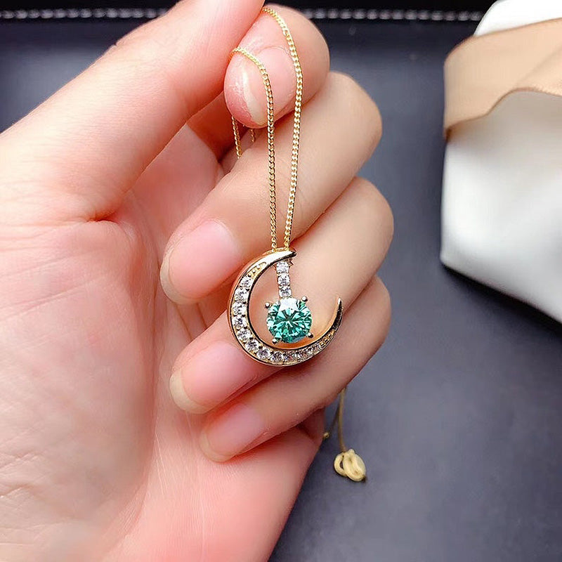 1.0Ct Yellow Gold Moon Design Round Cut Paraiba Tourmaline Pendant Necklace