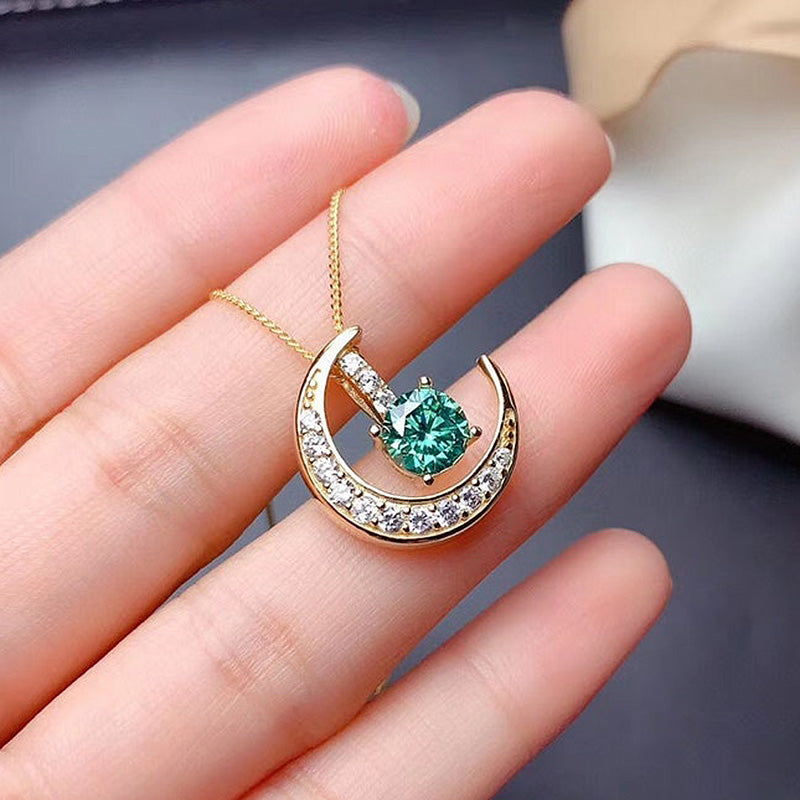 1.0Ct Yellow Gold Moon Design Round Cut Paraiba Tourmaline Pendant Necklace