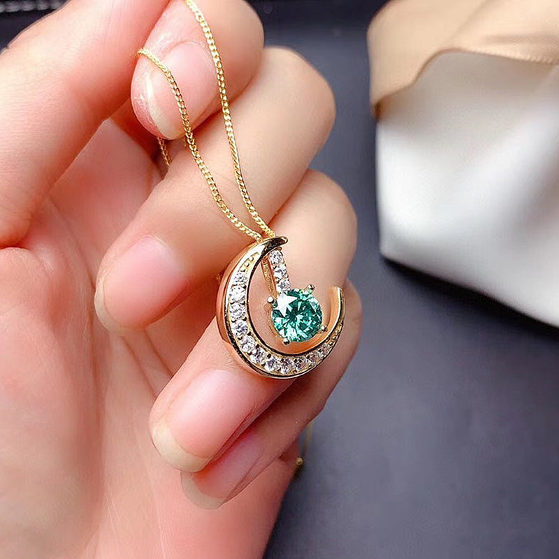 1.0Ct Yellow Gold Moon Design Round Cut Paraiba Tourmaline Pendant Necklace