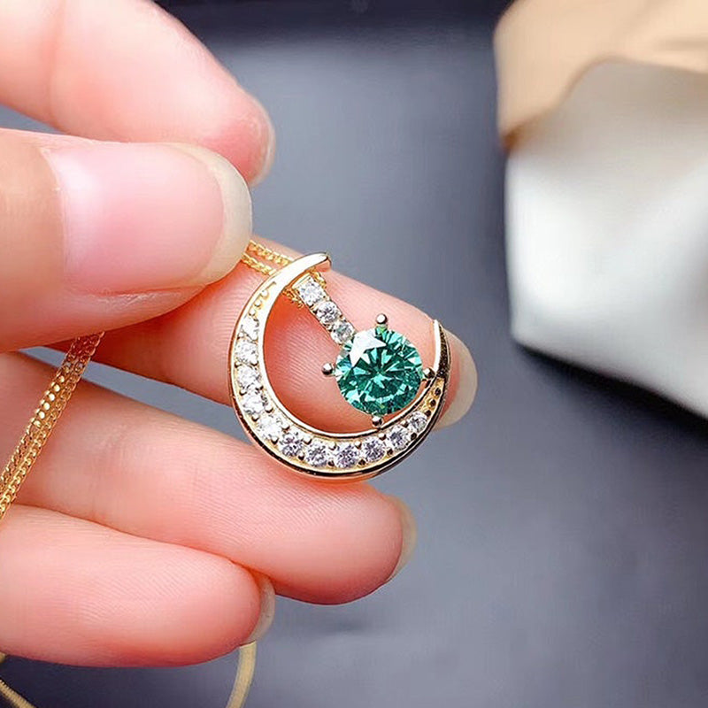 1.0Ct Yellow Gold Moon Design Round Cut Paraiba Tourmaline Pendant Necklace