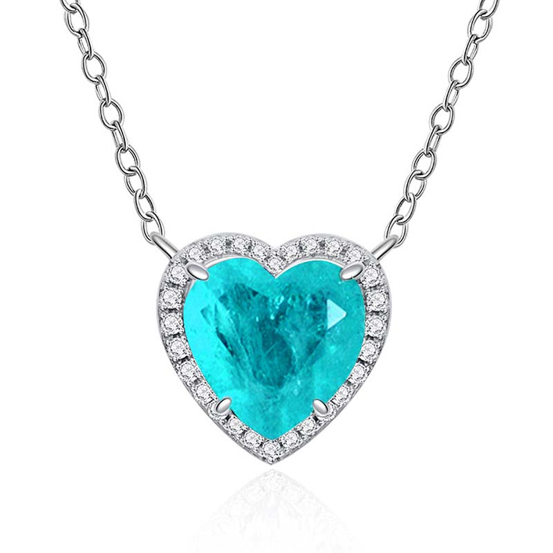4.0Ct Halo Heart Cut Aquamarine Blue Necklace For Women In Sterling Silver