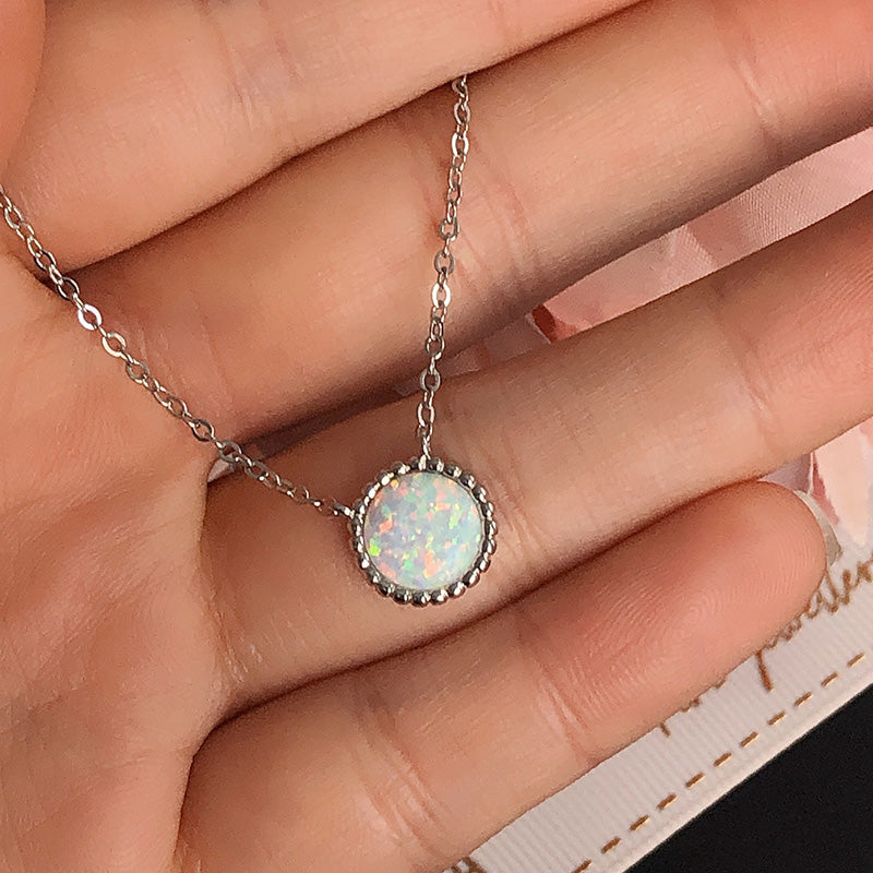 2.0Ct Elegant Halo Round Cut Opal Stone Women's Pendant Necklace In Sterling Silver