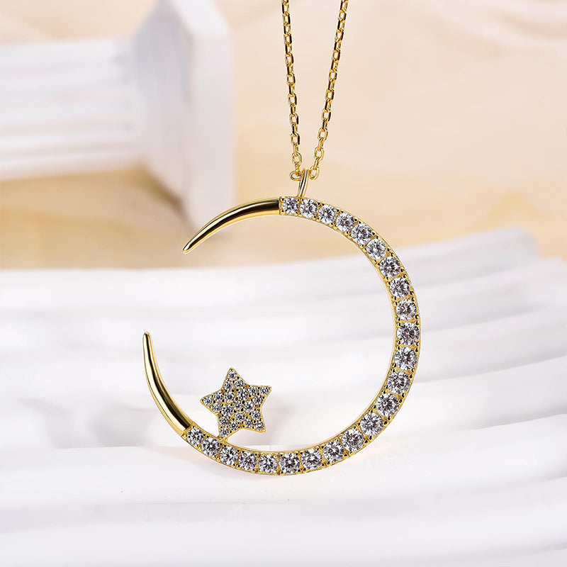 0.6Ct Yellow Gold Moon Design Round Cut Star Design Necklace In Sterling Silver