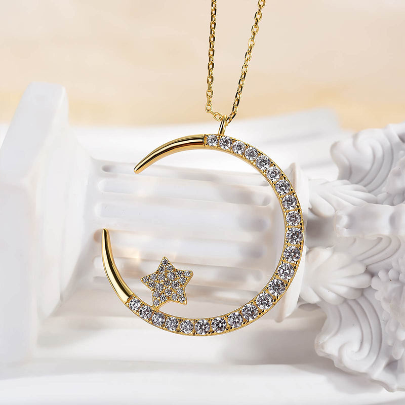0.6Ct Yellow Gold Moon Design Round Cut Star Design Necklace In Sterling Silver
