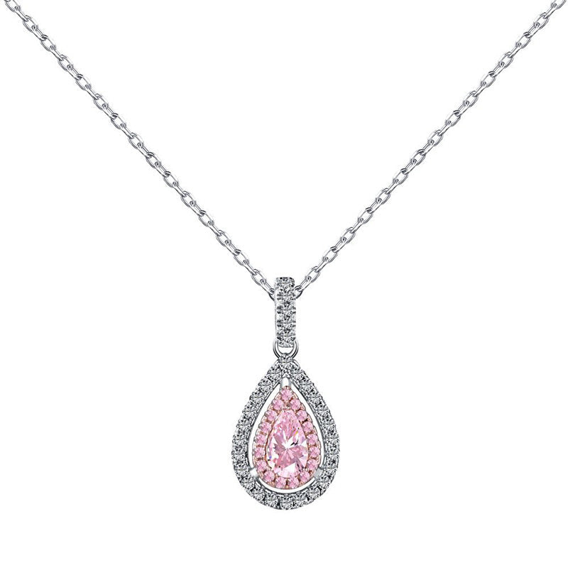 Ahabobo Pink Stone Double Halo Pear Cut Women's Necklace