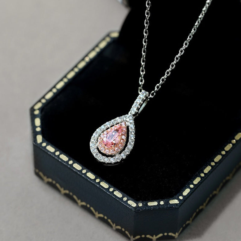 Ahabobo Pink Stone Double Halo Pear Cut Women's Necklace