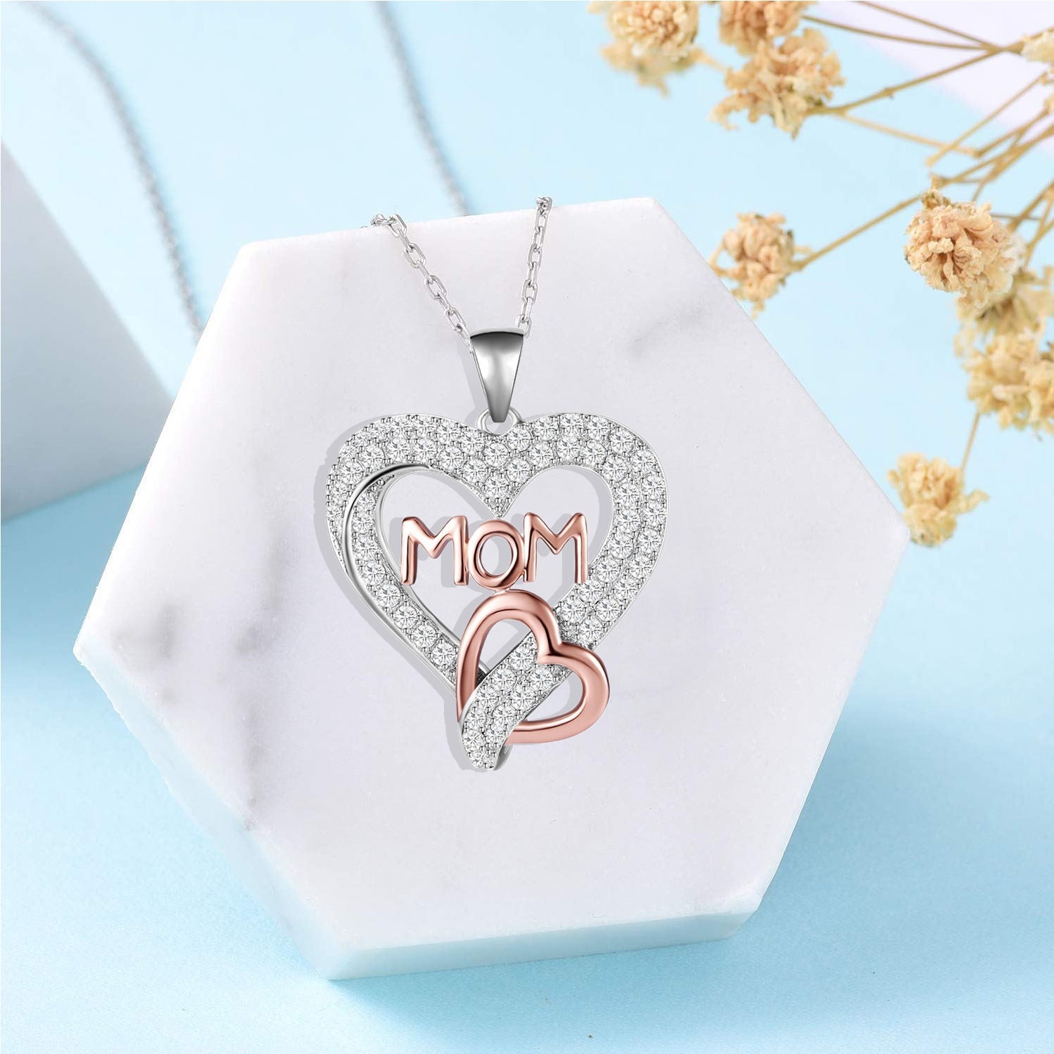 Ahabobo Mother's Day Gift Double Hearts Mom Two-tone Necklace