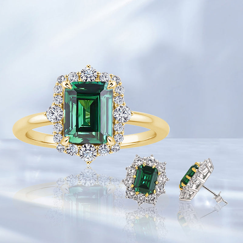 Gorgeous Halo Emerald Cut Emerald Green 2PC Jewelry Set