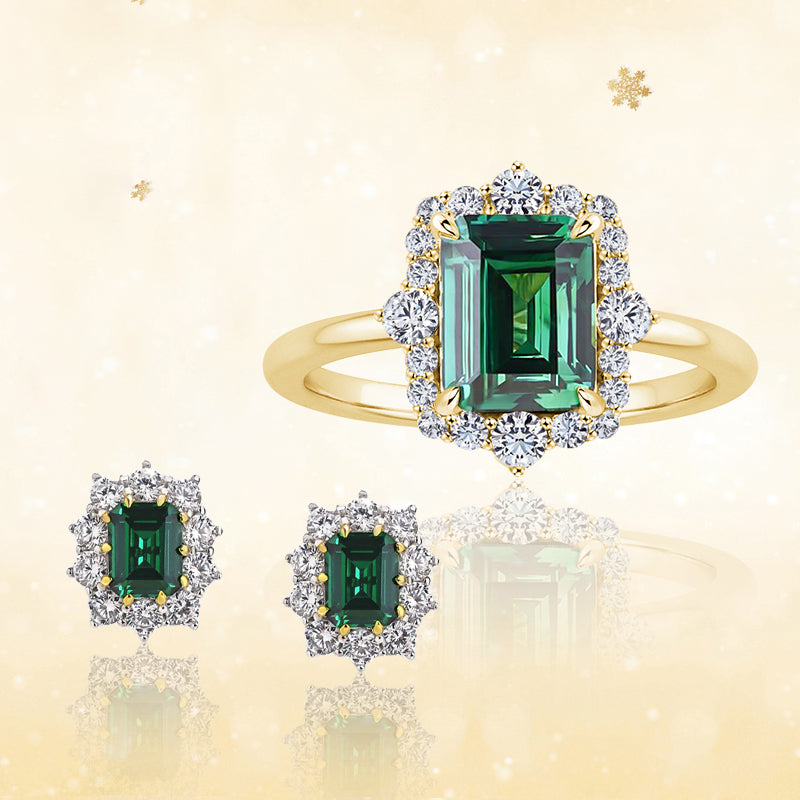 Gorgeous Halo Emerald Cut Emerald Green 2PC Jewelry Set