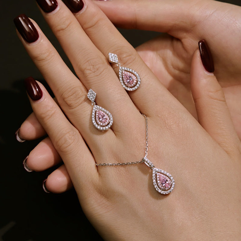 Ahabobo Pink Stone Double Halo Pear Cut 2PC Jewelry Set