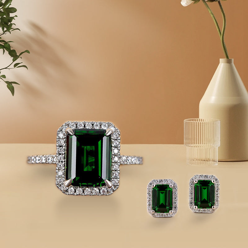 Ahabobo Vintage Halo Emerald Cut Emerald Green 2PC Jewelry Set