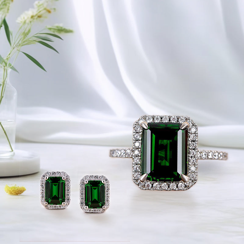 Ahabobo Vintage Halo Emerald Cut Emerald Green 2PC Jewelry Set