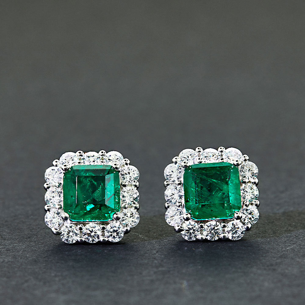 2.0 Carat Halo Princess Cut Emerald Green Women's Stud Earrings In Sterling Silver