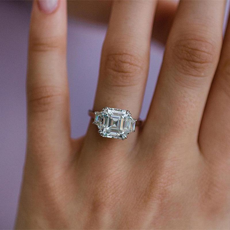 Exclusive Asscher Cut Three Stone Women's Engagement Ring In Sterling Silver