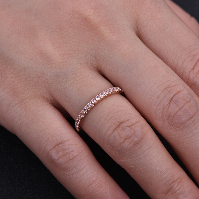 Half Eternity Rose Gold Peachy Pink Stone Women's Wedding Band In Sterling Silver