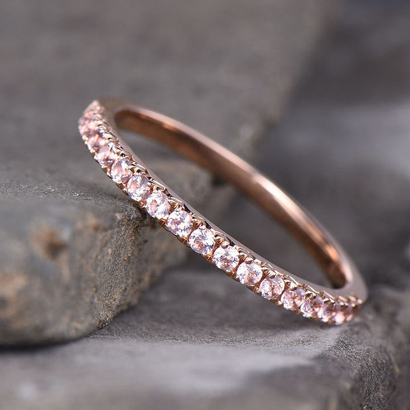 Half Eternity Rose Gold Peachy Pink Stone Women's Wedding Band In Sterling Silver