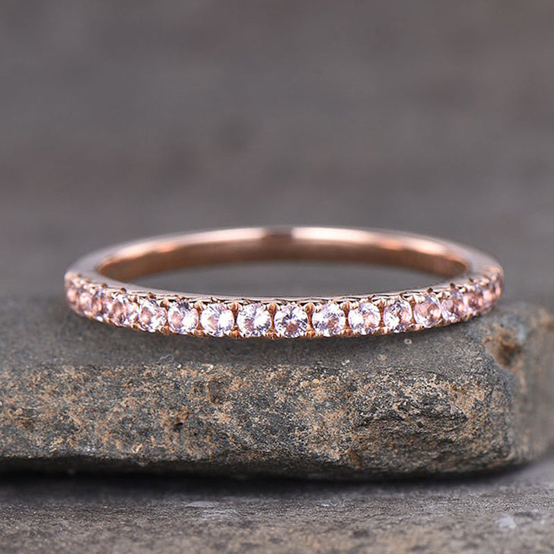 Half Eternity Rose Gold Peachy Pink Stone Women's Wedding Band In Sterling Silver