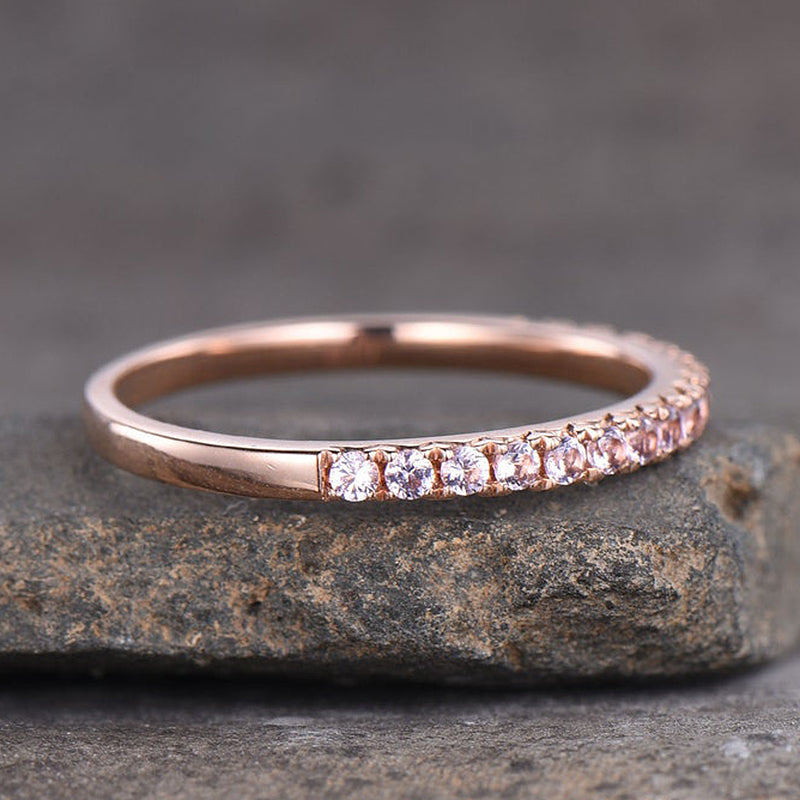 Half Eternity Rose Gold Peachy Pink Stone Women's Wedding Band In Sterling Silver