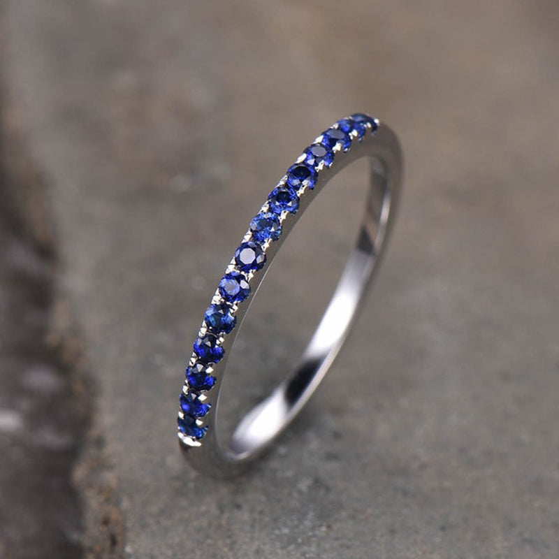 Exquisite Half Eternity Blue Sapphire Women's Wedding Band In Sterling Silver