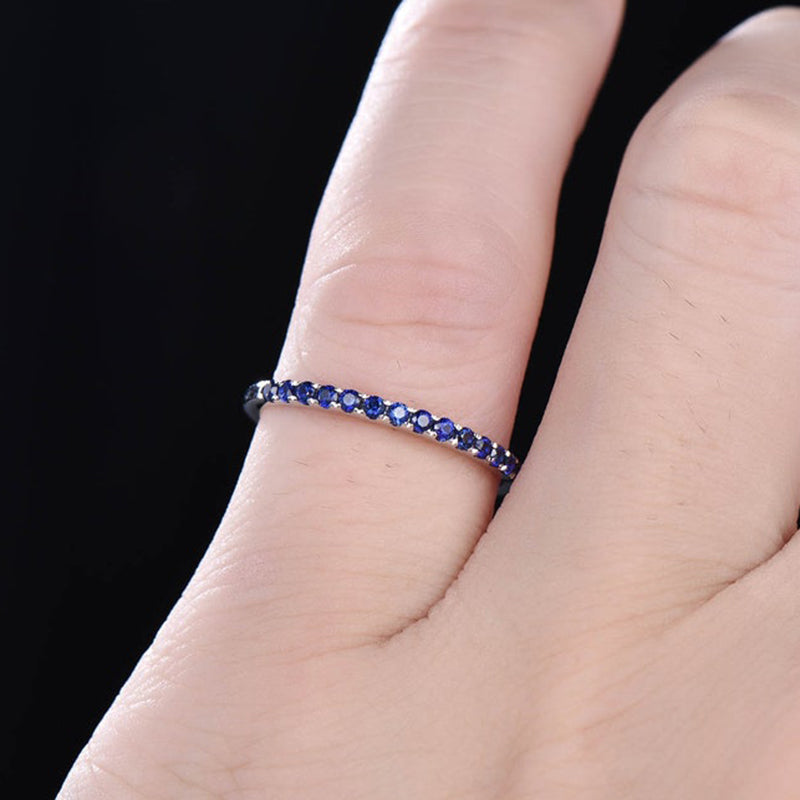 Exquisite Half Eternity Blue Sapphire Women's Wedding Band In Sterling Silver