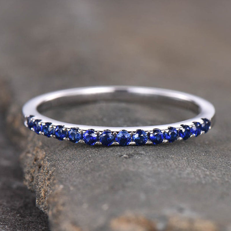 Exquisite Half Eternity Blue Sapphire Women's Wedding Band In Sterling Silver