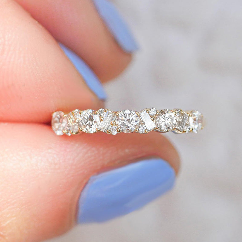 Yellow Gold Round Cut & Emerald Cut Wedding Band In Sterling Silver